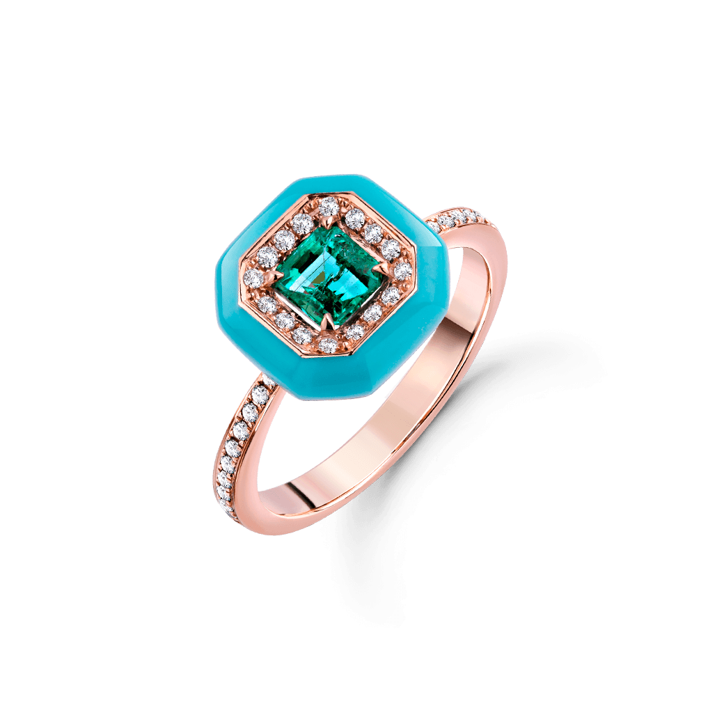 ภาพมุมเฉียงแหวนเพชร NGG Perfect life FASCINATE Emerald with Turquoise Blue Ceramic Ring