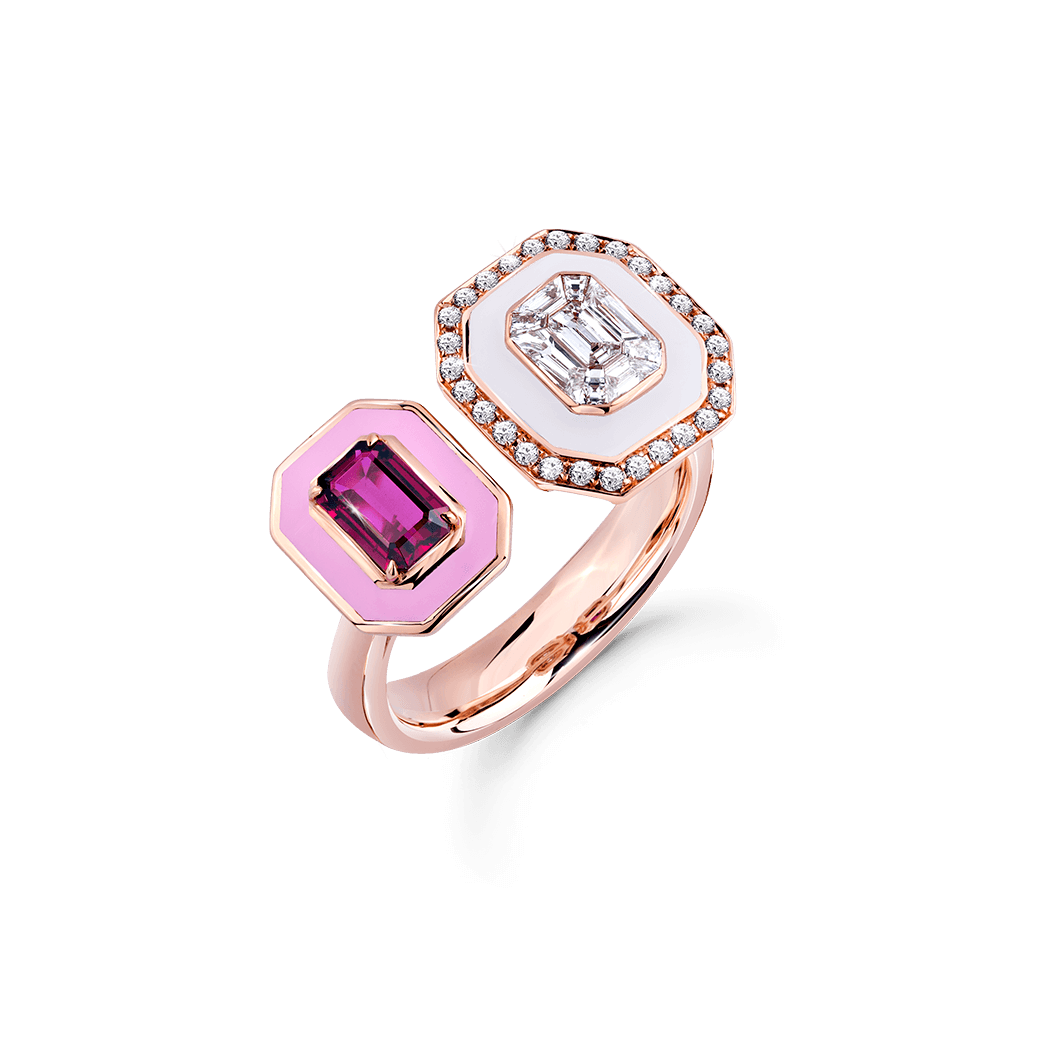 ภาพภาพมุมเฉียงแหวนเพชร NGG Perfect life Marvelous Illusion EM Shape White diamond &EM Ruby